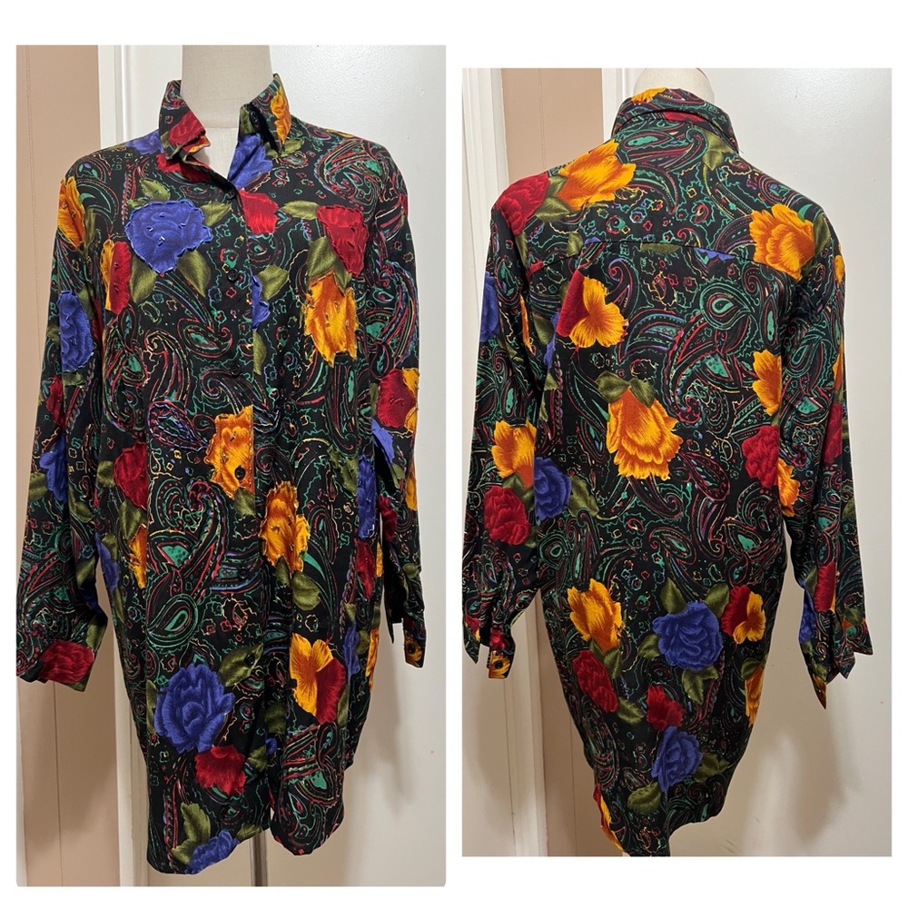 Thums Up 100% Rayon Long Sleeve Blouse Size Small Multicolored Floral Beaded